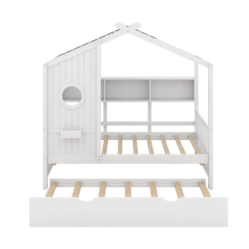 Lit simple en bois avec lit gigogne et tablette de rangement, Blanc