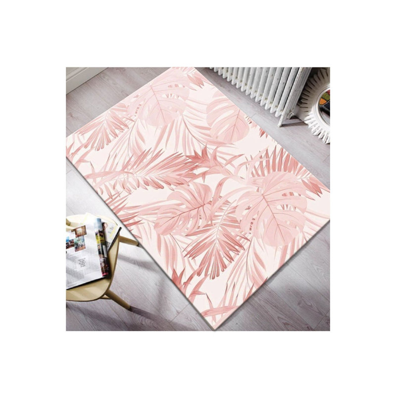 Tapis rose / blanc en polyester tissé à la machine Eddina, Rectangle 3 pi 11 po x 5 pi 9 po