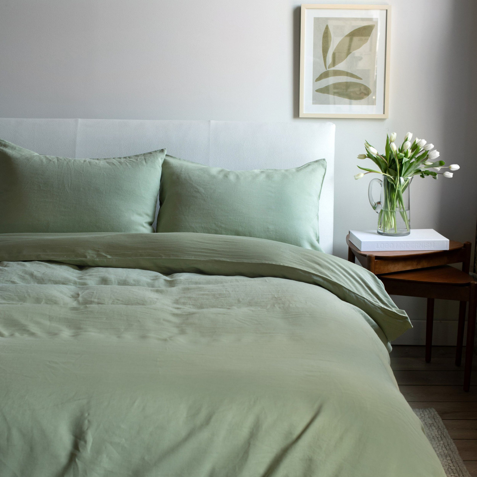 French Linen And Cotton Duvet Cover & Sham Set, Queen Duvet Cover + 2 Standard Pillow Shams, Matcha