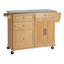 Îlot de cuisine intérieur en bambou avec plateau en acier inoxydable - Chariot mobile avec tiroirs, armoire et porte-serviettes pour la salle à manger et le bar