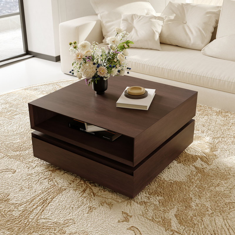 31.51'' Mid Century Modern Wood Coffee Table, Square Rotatable Coffee Table with Open Drawers