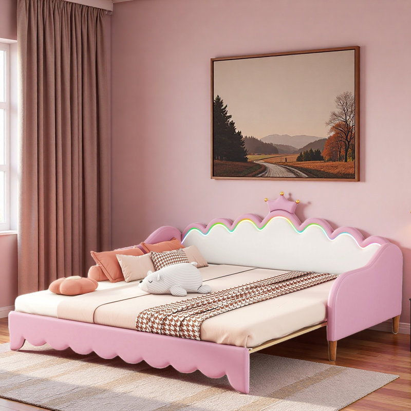 Lit de jour extensible rembourré avec lumières à DEL et tête de lit couronne, Rose