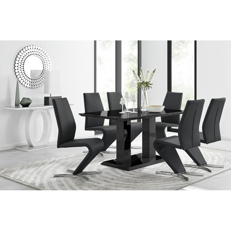 Eubanks High Gloss Double Pillar Dining Table Set with 6 Luxury Upholstered Dining Chairs, Black, 5 Pieces: Table, 4 Chairs