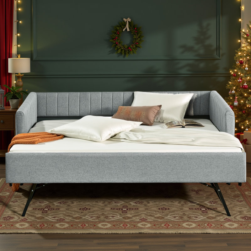Twin Upholstered Daybed with Trundle, Vertical Channel Tufting, Linen Fabric Sofa Bed, Gray