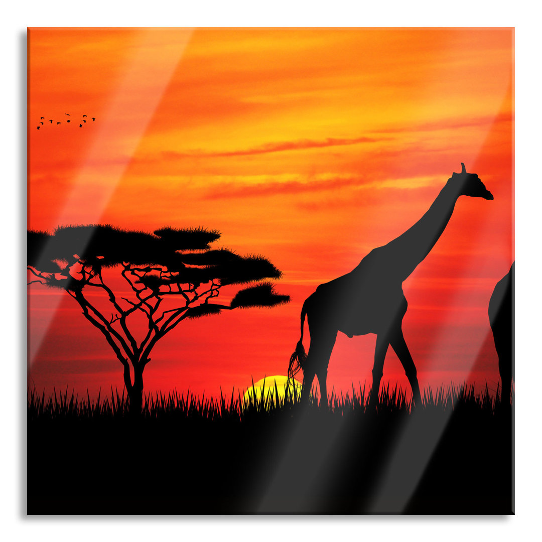 Glasbild Afrikanische Giraffen im Sonnenuntergang