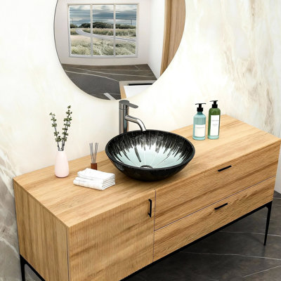 Artistic Tempered Glass Sink With Pop - Up Drain For Bathroom, Gray Design, Smooth Surface, Easy To Assemble, Clean And Maintain Bathroom Drain, Oval Basin, Gradient, Ideal Different Spaces
