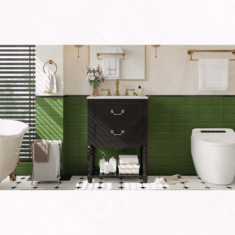 Meuble-lavabo avec lavabo en céramique et rangement Vintage Wave Design, Noir