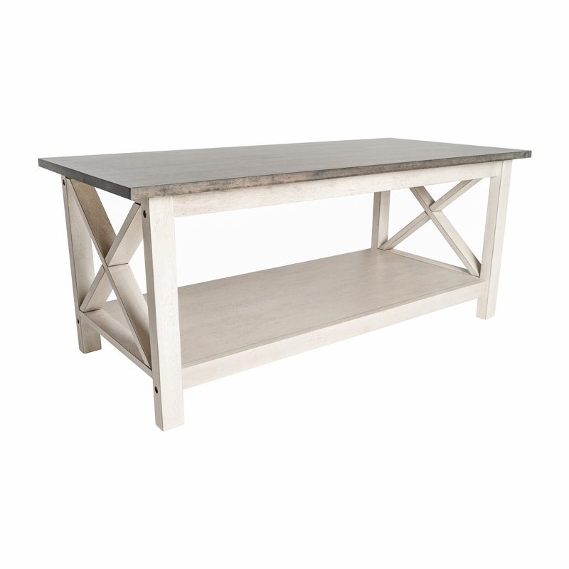 Crary Farmhouse Style Solid Wood Coffee Table with Traditional Crisscross Accents, Gray, White