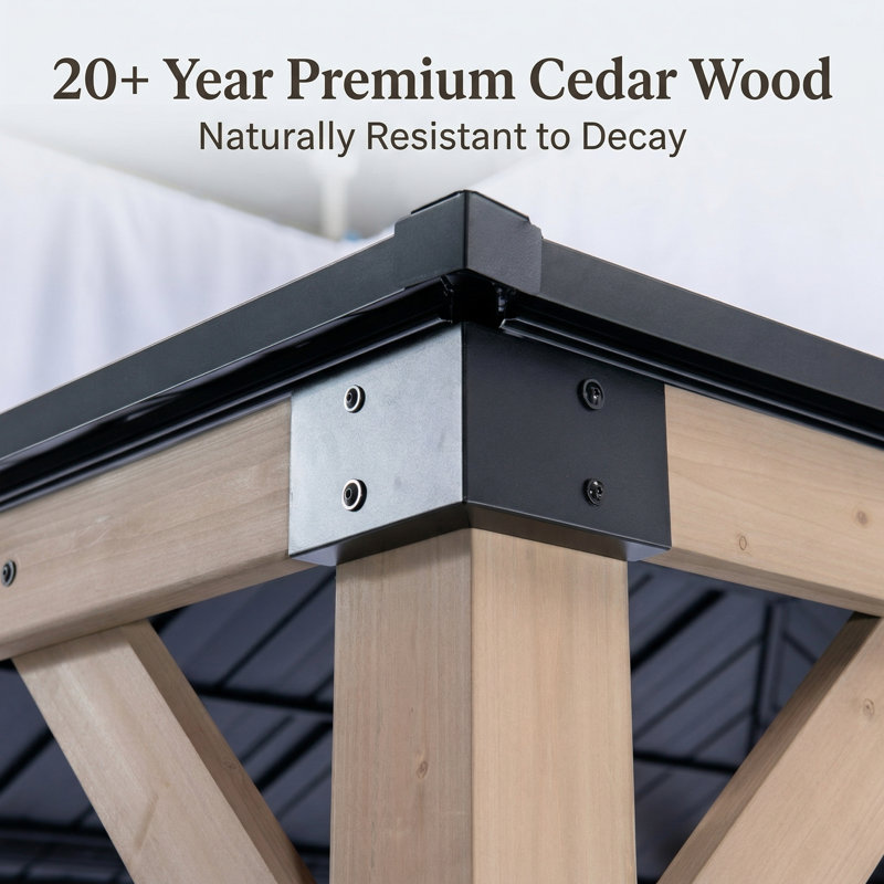 10 X 12 Ft. Cedar Wood Gazebo Includes Electrical Outlet, Double Roof Galvanized Steel Hardtop, Outdoor Patio Pavilion for Deck & Garden (Gray Wood Color)