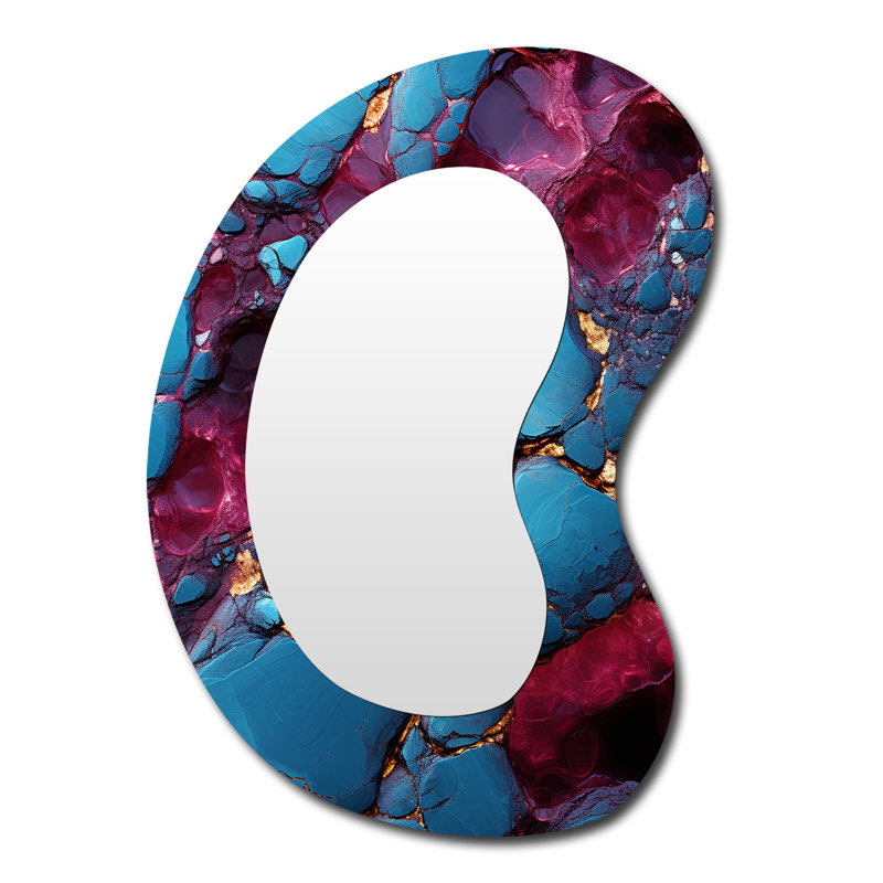 «Friedless» bleu et mauve sans soudure Marble River II - grand miroir asymétrique de formes, décor de miroir mural unique de forme irrégulière moderne, impression sur métal