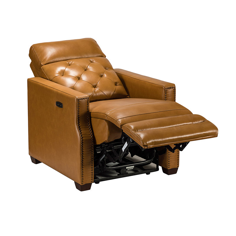 Gumesindo 31.50" Wide Genuine Leather Power Recliner, Camel Genuine Leather