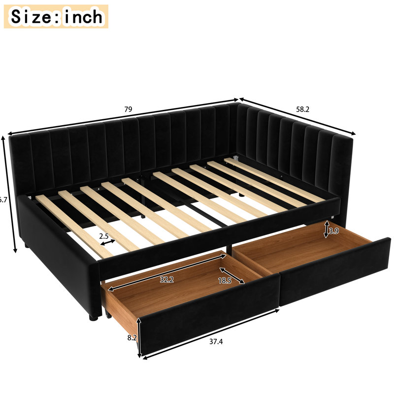 Lit de jour double rembourré en velours noir, conception d'angle avec rangement, confortable, 2 tiroirs de rangement en velours, pour le salon, la structure, sans sommier