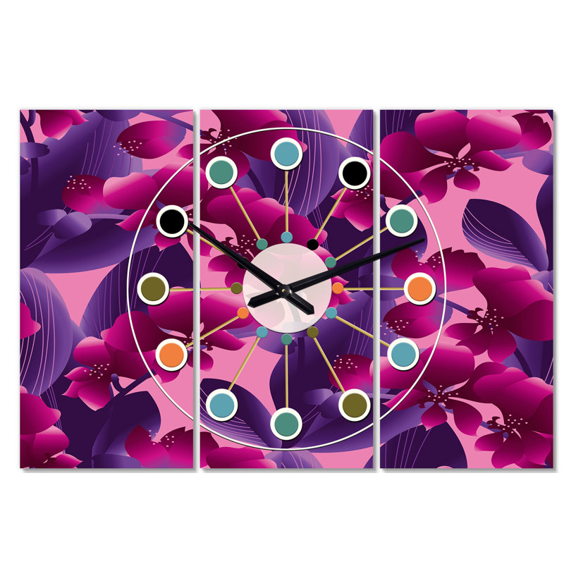 Horloge murale surdimensionnée orchidée de couleur fleur Mid-Century