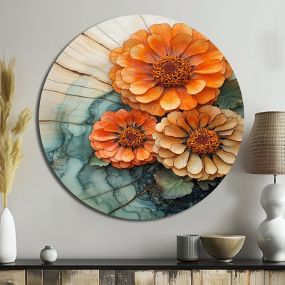 Jardin Zinnias sur glissoire en bois I - reproduction d'art traditionnelle en métal orange, décoration murale ronde en métal Zinnias