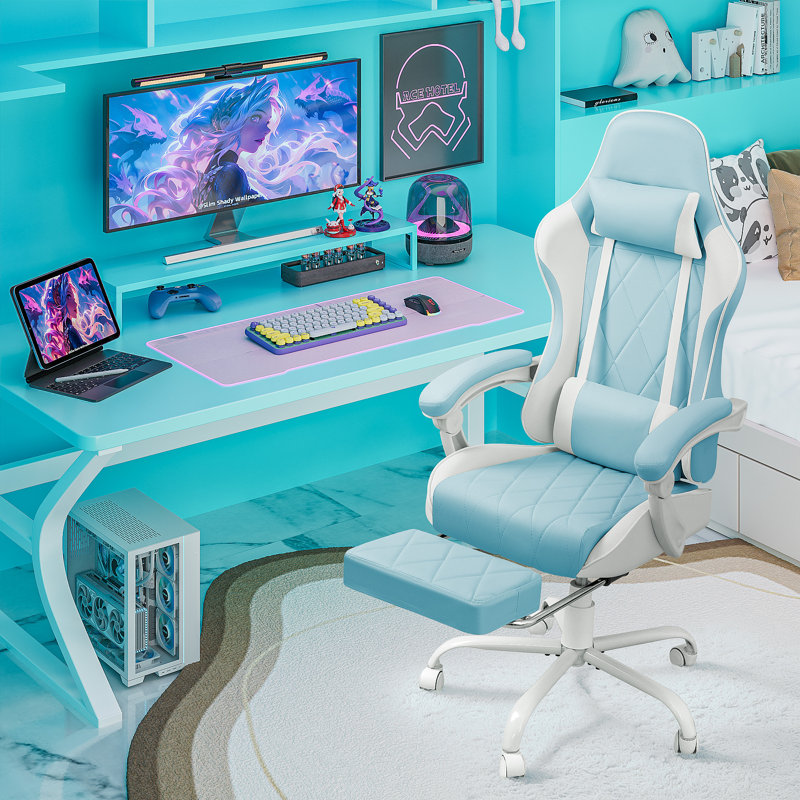 The Twillery Co.® Adjustable Reclining Ergonomic Faux Leather Swiveling PC & Racing Game Chair with Footrest, Tiffany Blue