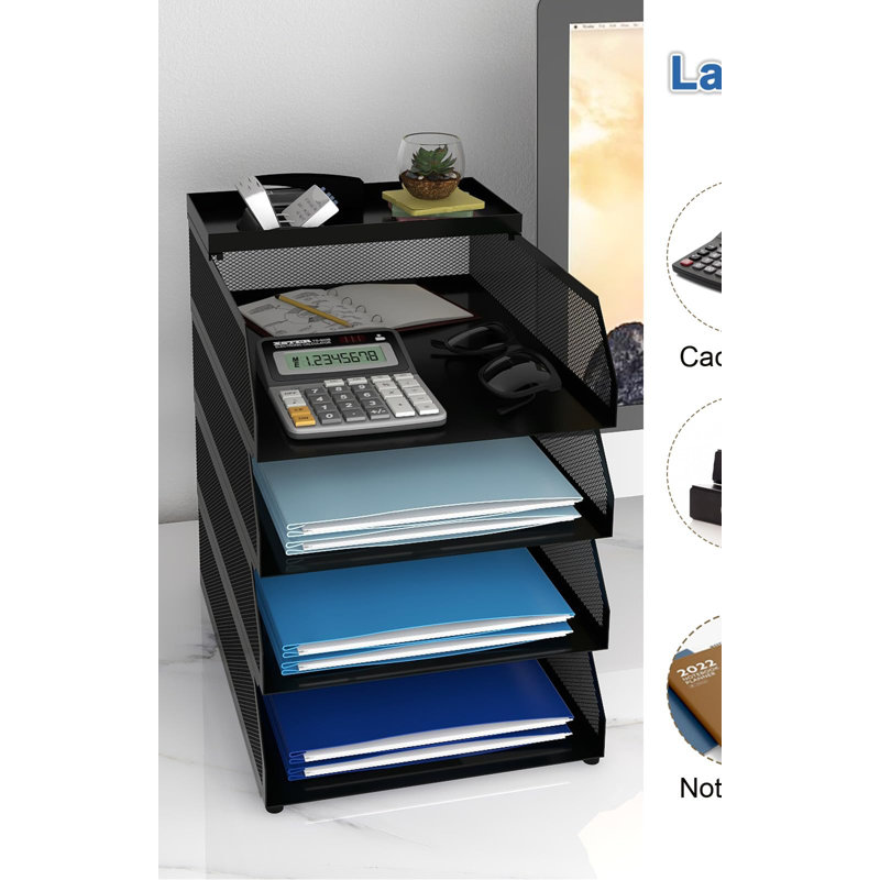 Organisateur de bureau empilable en fer noir avec 4 plateaux - Conception à échelle pour un rangement efficace des dossiers