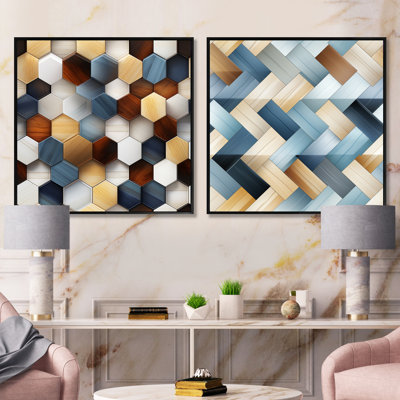 Orange And Grey Hexagons Angularity III - Abstract Shapes Square Collage Set Of 2