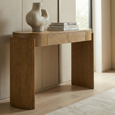 Elegant Oval Console Table With Fluted Details & Storage Drawers For Entryway
