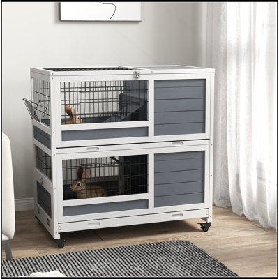 Cage d'intérieur à roulettes avec roulettes, cage à lapins à 2 niveaux, cage à cobaye en bois 35,5 po avec auge, plateaux amovibles, rampes et plateau ouvert pour 1 à 2 lapins, gris