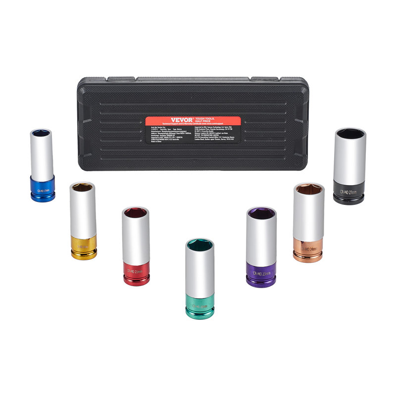 Lug Nut Impact Socket Set, 1/2 inch Drive Metric 6-Point Deep Socket Set, 7 Total Lug Nut Sizes 17/19/21/22/23/24/27mm, CR-MO Steel Wheel Socket Set with Storage Case, for Auto Repair