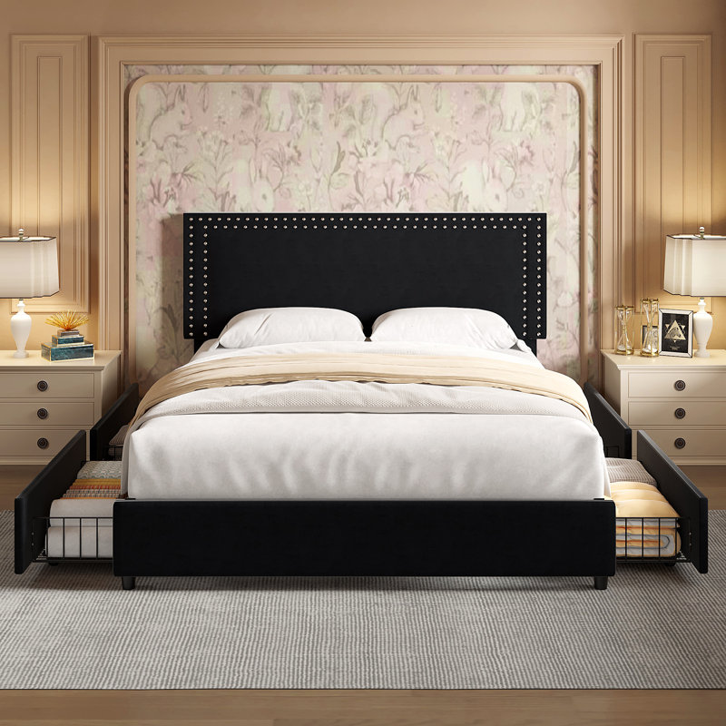 Lit double avec tiroirs de rangement Lit plateforme tapissier réglable, Double, Noir