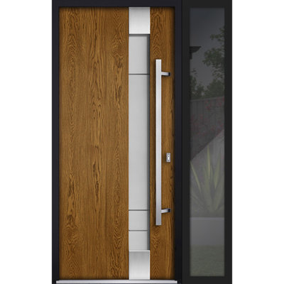 Front Exterior Prehung Steel Door Deux 1713 Natural Oak Side Exterior Black Window Stainless Inserts Single Modern Painted-W36+14 x H80-Left-hand Inswing