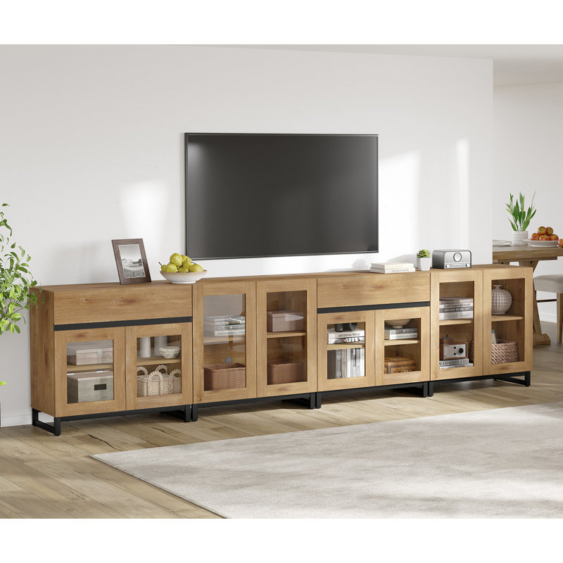 4 In 1 TV Stand For Tvs, Modern TV Console With Glass Doors And 2 Drawers, Media Console With Adjustable Shelf For Living Room