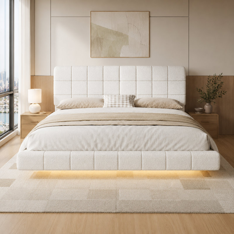 Très grand lit flottant moderne avec lumière DEL intégrée, cadre de lit plateforme tapissier, conception à profil bas, blanc