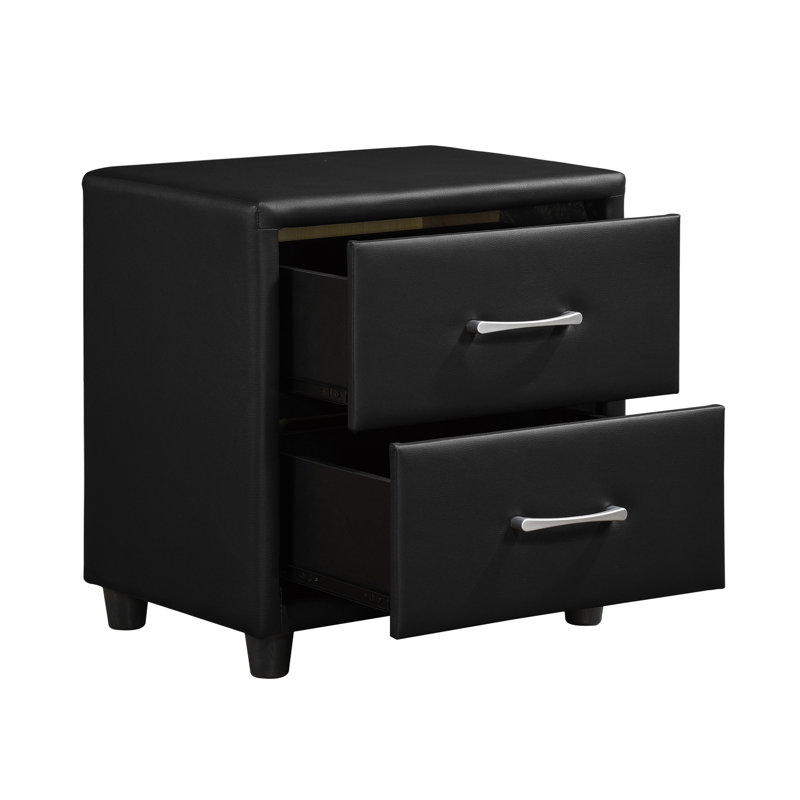 Élégante table de chevet en similicuir noir 2 avec poignées élégantes en argent