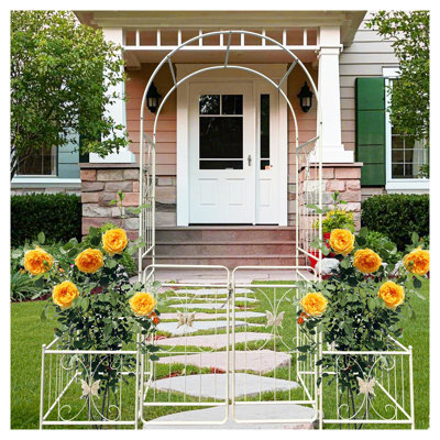 Creamy White Metal Garden Arch with Double Gate & Side Planters | 86.6" H French Style Outdoor Rose Arbor for Climbing Plants