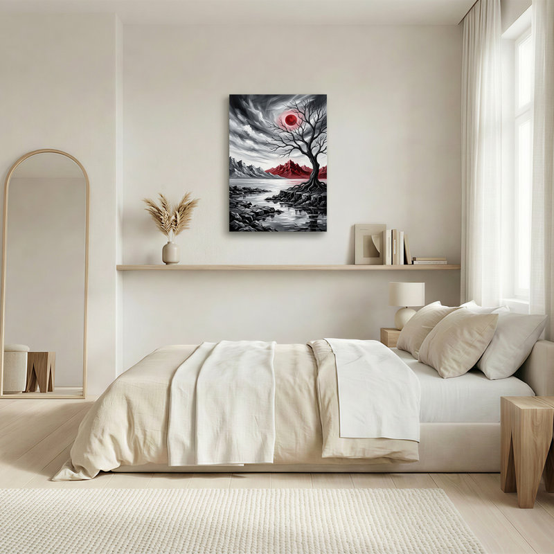 "Grand arbre noir et montagnes rouges reflétées dans un lac", art mural, H 24 po x l 18 po
