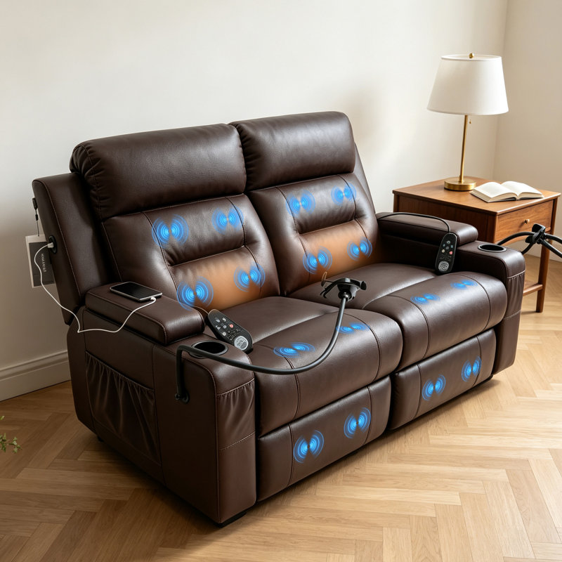 Fauteuil inclinable VANSOFA, canapé inclinable 2 places avec massage et chaleur, canapé fonctionnel sans outils, fauteuil inclinable USB-A et USB-C pour le salon