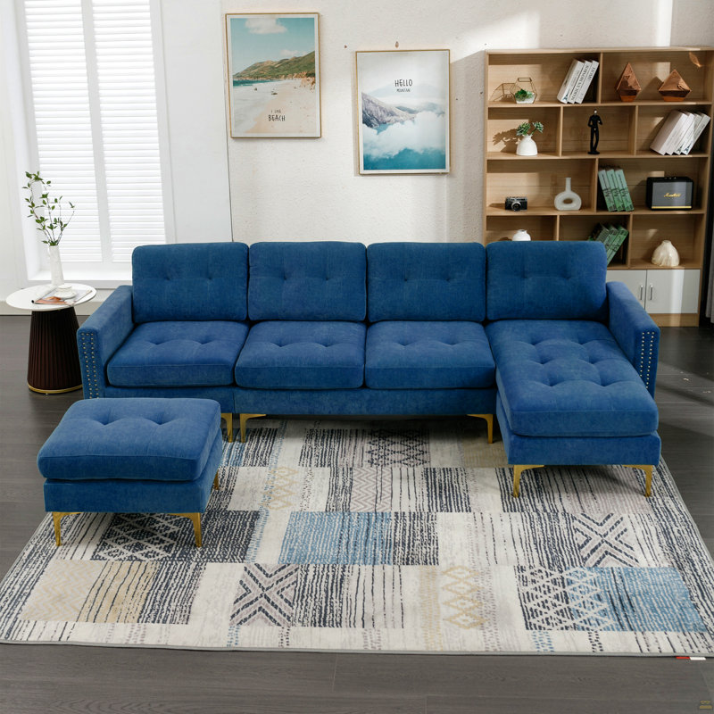 Canapé modulaire convertible en L 110 po avec repose-pieds mobile, Velours bleu