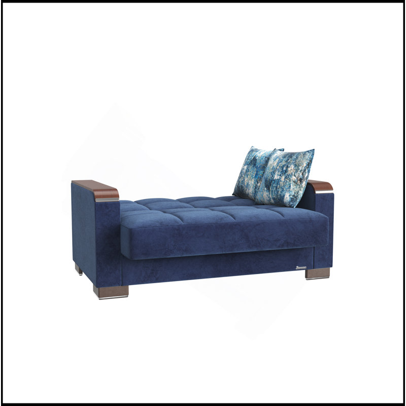 Causeuse rembourrée avec garniture en bois et garniture en bois, microfibre bleue, Microfibre bleue