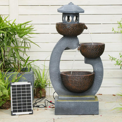 Solar-Powered Japanese Lantern 3-Tier Cascading Water Fountain with LED Lights, 35.2" Tall Resin Outdoor Water Feature for Garden Patio Zen Decor