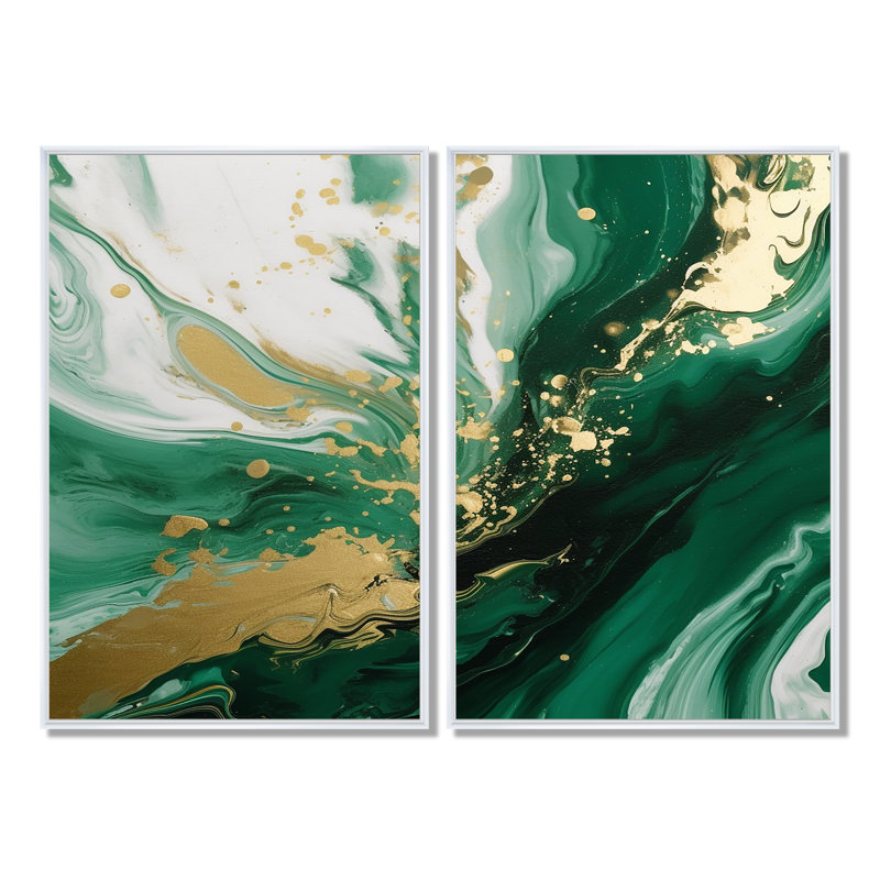 Vert et or Serene Cascade III - Art mural vert 2 panneaux, H 36 po x l 48 po, Impression encadrée flottante, Blanc