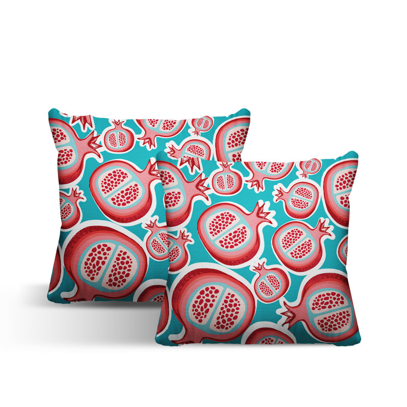 Oreiller carré intérieur / extérieur Pomme Pomegranate, L 17 po x H 17 po, Turquoise / Rouge