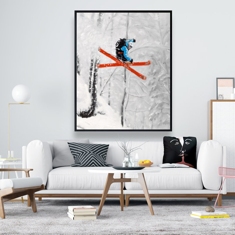 «Man Skiing in Steep Offpiste Terrain», art sur toile encadrée gris