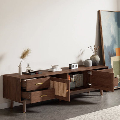 Meuble télé 70 po avec portes en rotin pour téléviseur de 80 po ou moins | Console multimédia avec 4 tiroirs et gestion des câbles | Meuble audio-vidéo Natural Texture