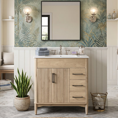 30" Modern Fluted Bathroom Vanity with Ceramic Sink & 3 Soft-Close Drawers, Solid Wood Leg Cabinet with Adjustable U-Shaped Shelf(Natural Wood)