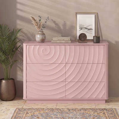 Commode 6 tiroirs 46,5 po avec façade en spirale 3D, structure en bois de sapin massif et conception arrondie pour la chambre à coucher