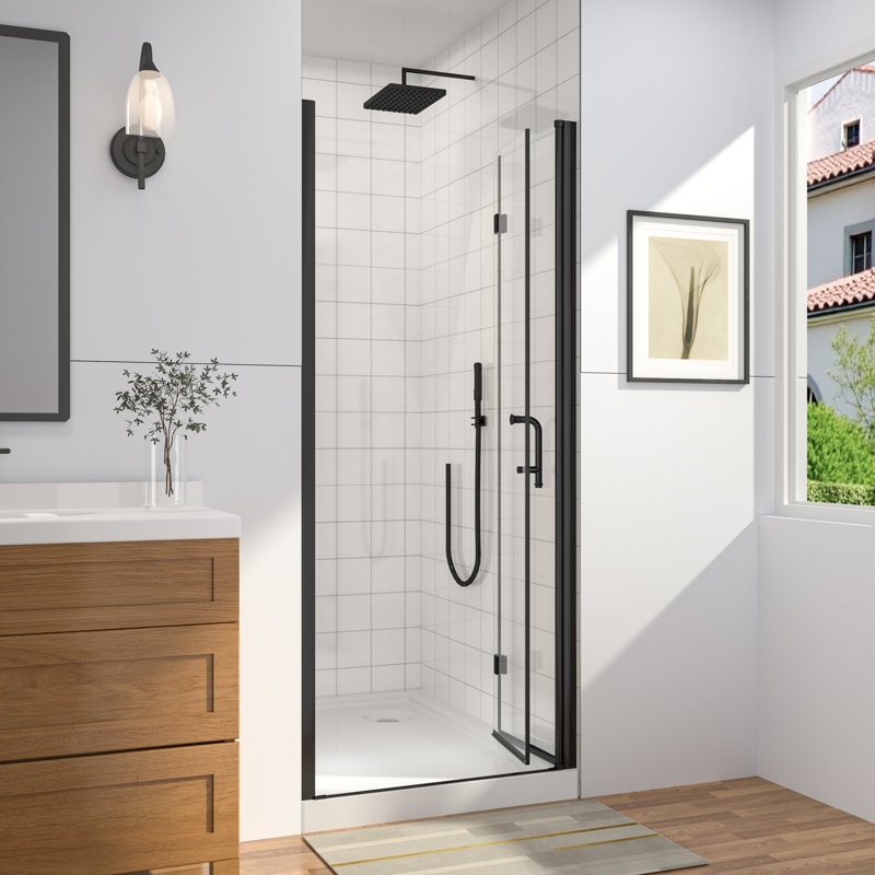 32-34 in.W x 72 in.H Bifold Frameless Glass Shower Door, Folding Frameless Shower Door, Black