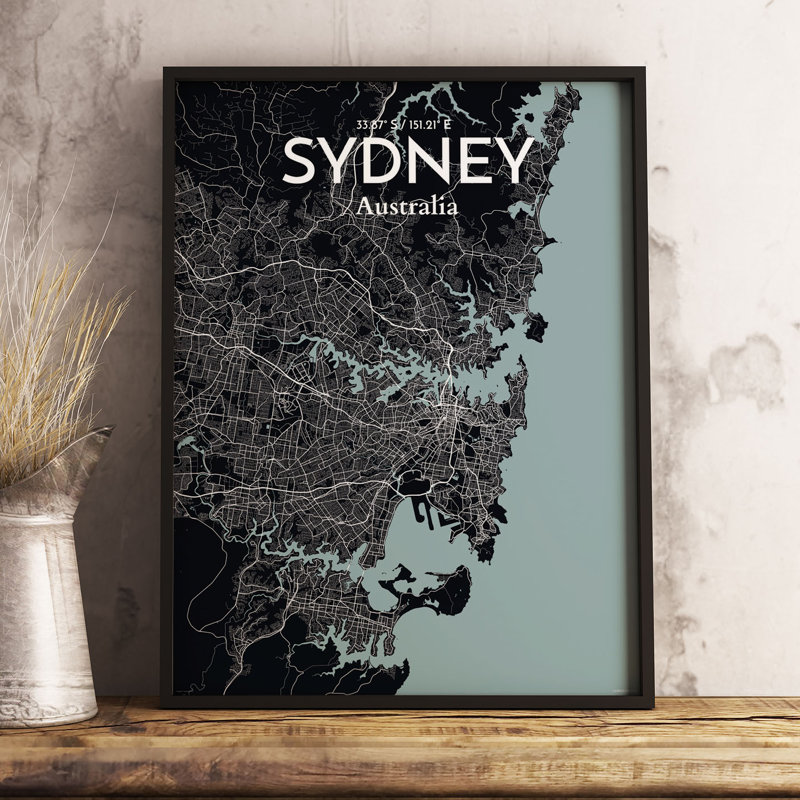 Sydney City Map - Unframed Graphic Art Print on Paper, 91.4cm H x 61cm W x 0.1cm D, Black/Blue