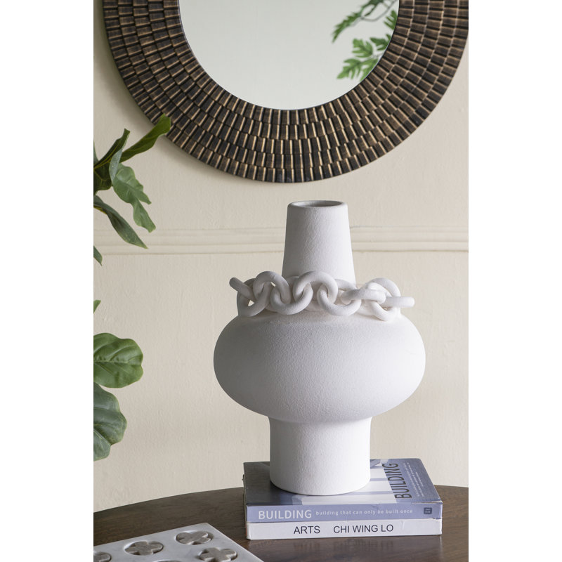 12X12x15.5" Round White Ceramic Vase With Sculptural Chain Details