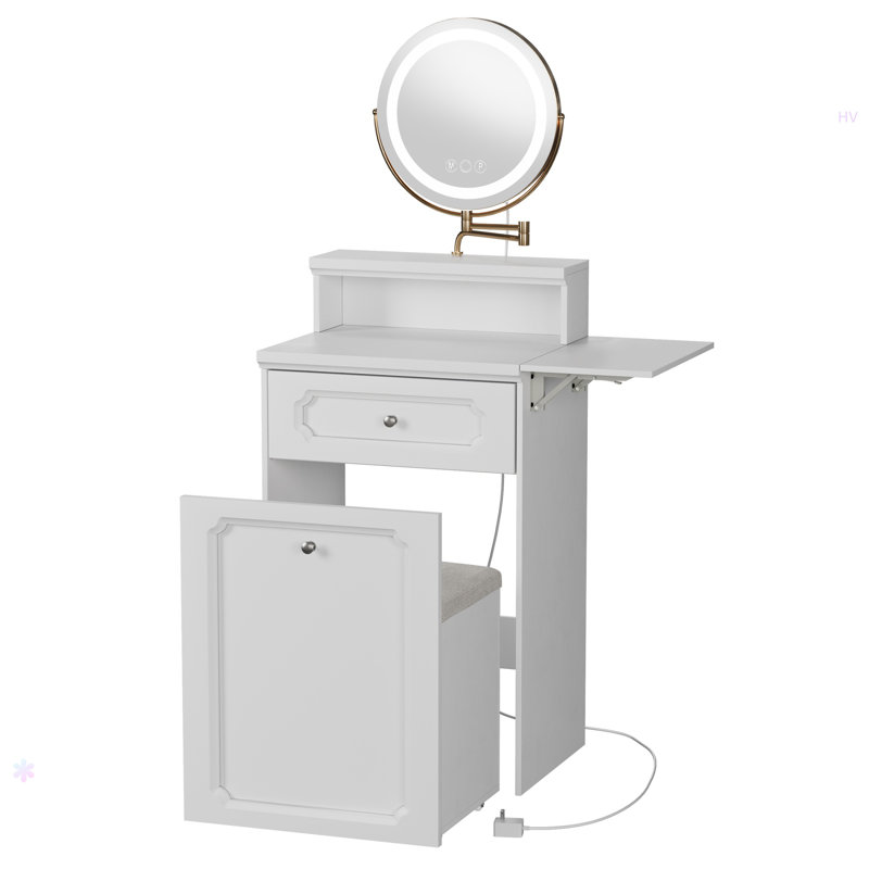 Bureau de coiffeuse avec miroir rond et lumières, table de chevet 2 en 1, coiffeuse et fauteuil