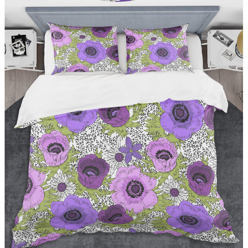 Ensemble de housse de couette à fleurs en monochrome rétro mid-century, Twin Duvet Cover + 2 Shams, Mauve / vert / pêche