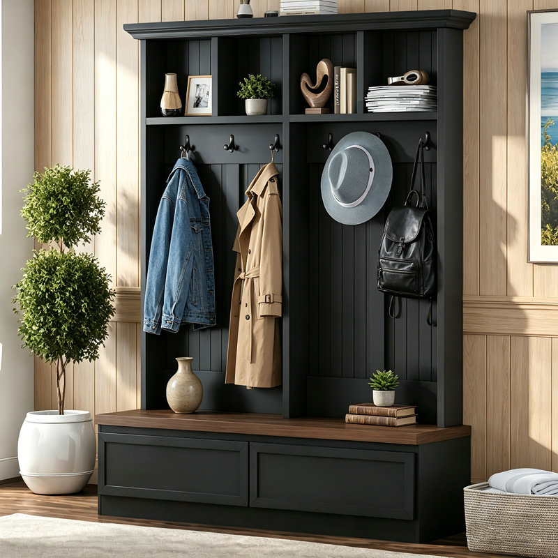 Farmhouse Style 55.8-Inch Four-Door Hallway Coat Rack With Wood Grain Bench And Double Drawers For Entryway Storage, Black