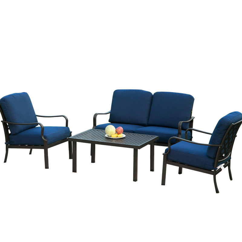 Ensemble de 4 chaises de patio - structure en métal avec coussins épais bleu marine pour table et chaises d'extérieur de jardin, coussins amovibles, fabrication