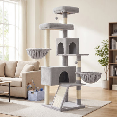 Grande tour pour arbre à chat, grande maisonnette pour chat de 68,5 pouces avec grand perchoir, poteaux à griffer, grottes doubles