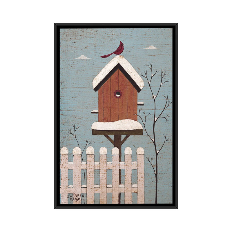 Red Winter Birdhouse - reproduction d'art murale - toile encadrée, H 48 po x l 32 po, Impression encadrée sans passe-partout
